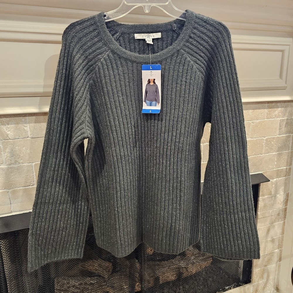 Fever Gray Ribbed Womens Wide Sleeve Sweater Large NWT